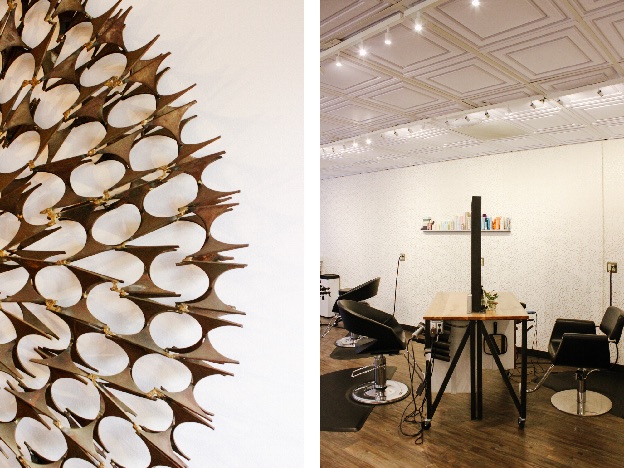 A diptych of Needle in the Hay: the waiting-room wall sculpture beside the salon floor, styling chairs, and tin ceiling.