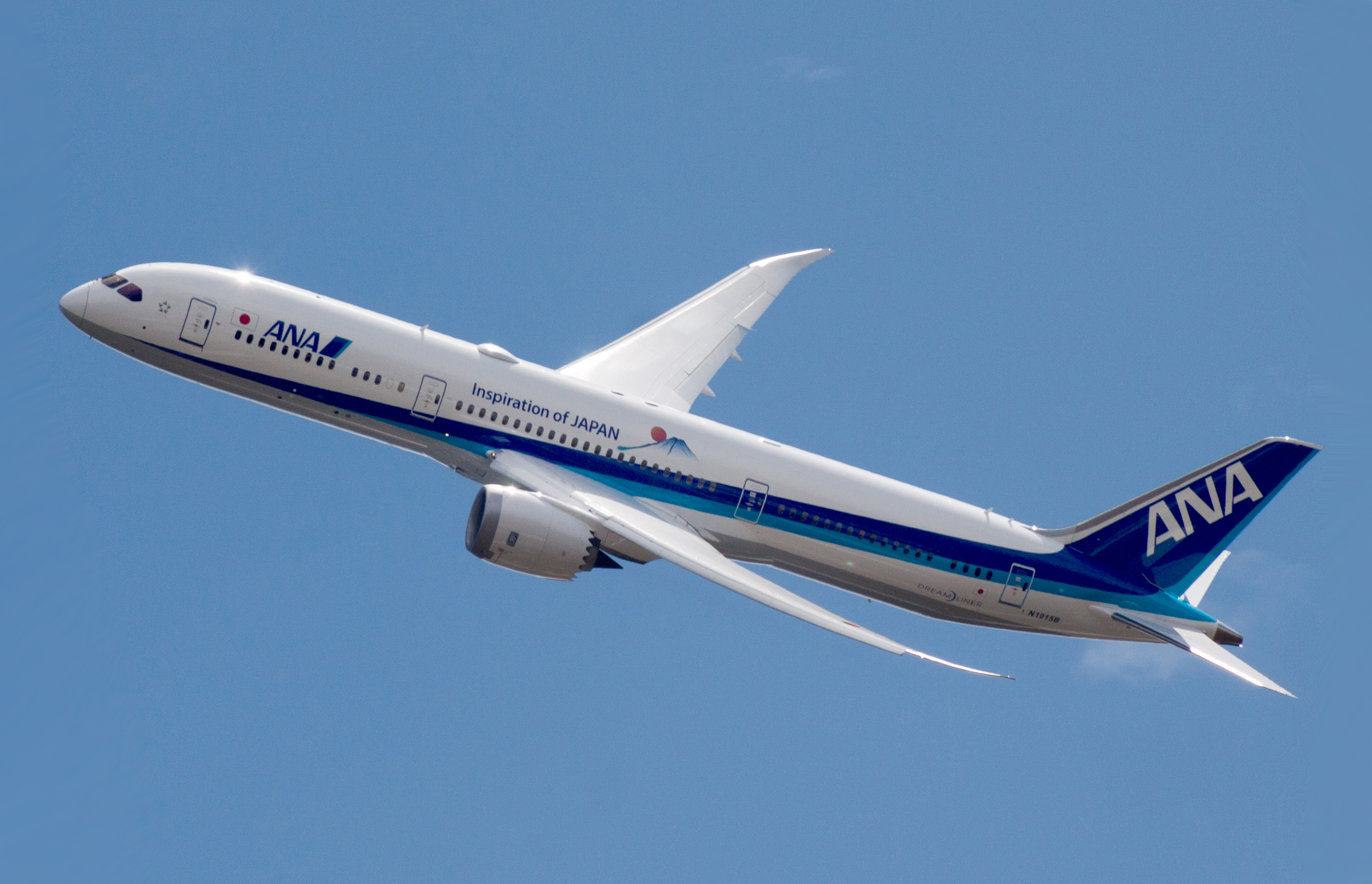 All Nippon Airways Boeing 787 Dreamliner in flight, viewed from below against a blue sky
