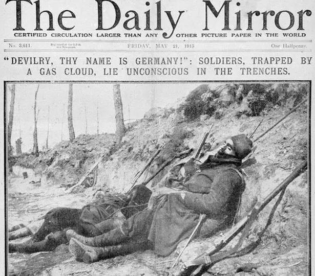 Daily Mirror front page, May 21, 1915, showing soldiers lying in a trench after a gas attack