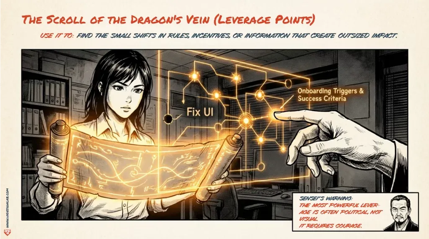 The Scroll of the Dragon’s Vein: a leverage map where fixing the UI is a small node and onboarding triggers and success criteria are the larger lever.