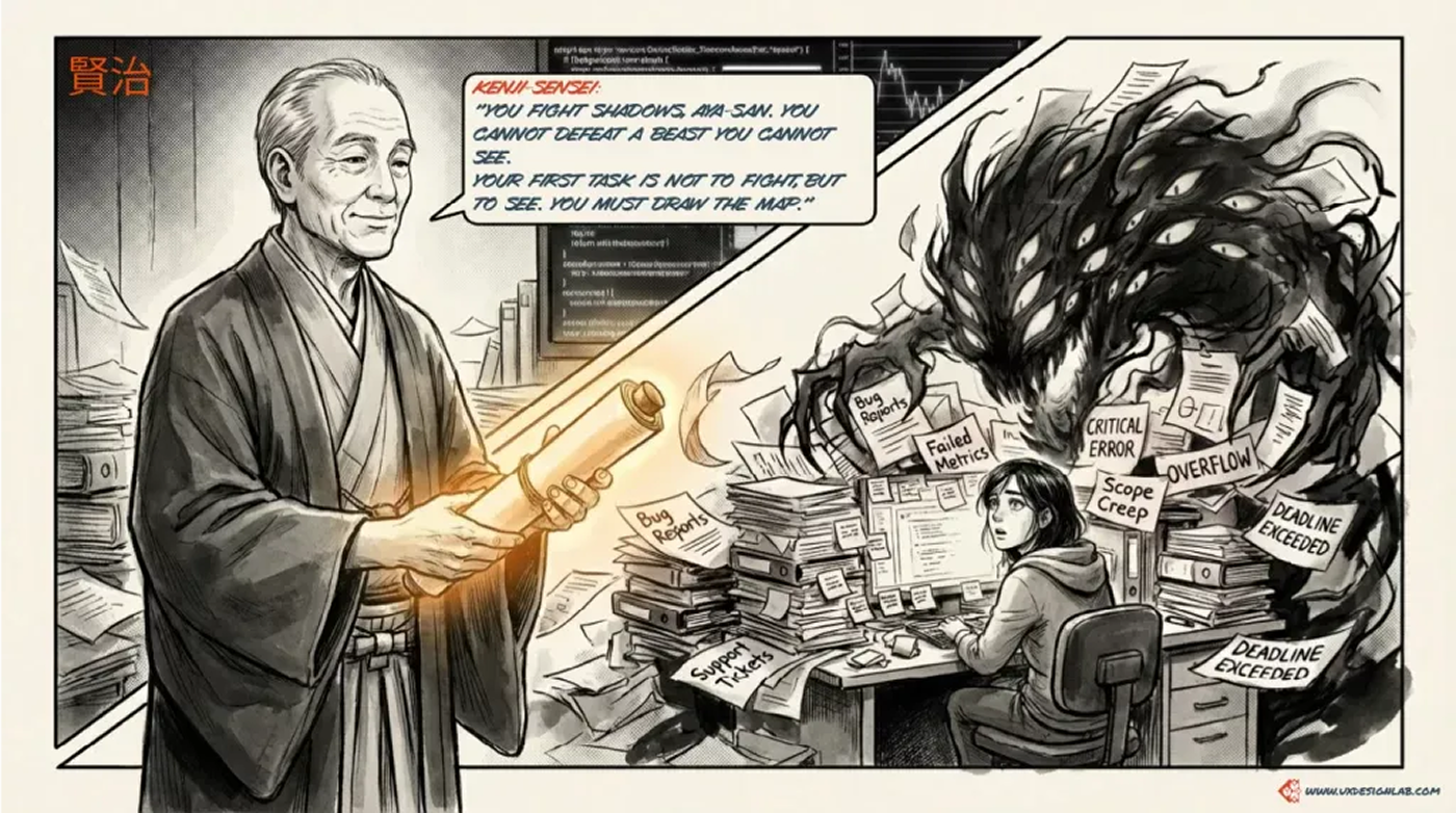 A sensei hands the designer a glowing scroll and says the first task is not to fight the beast, but to draw the map.