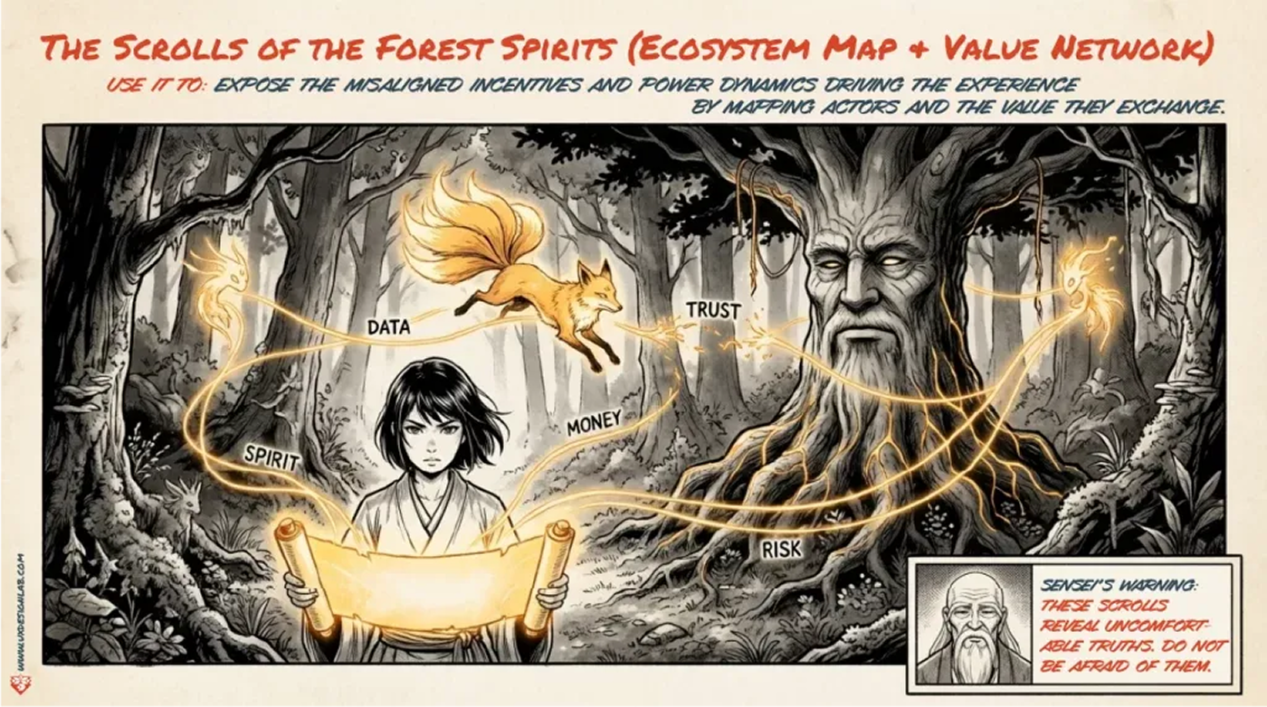 The Scrolls of the Forest Spirits: an ecosystem where data, trust, money, spirit, and risk move between the designer, a fox, and an ancient tree.
