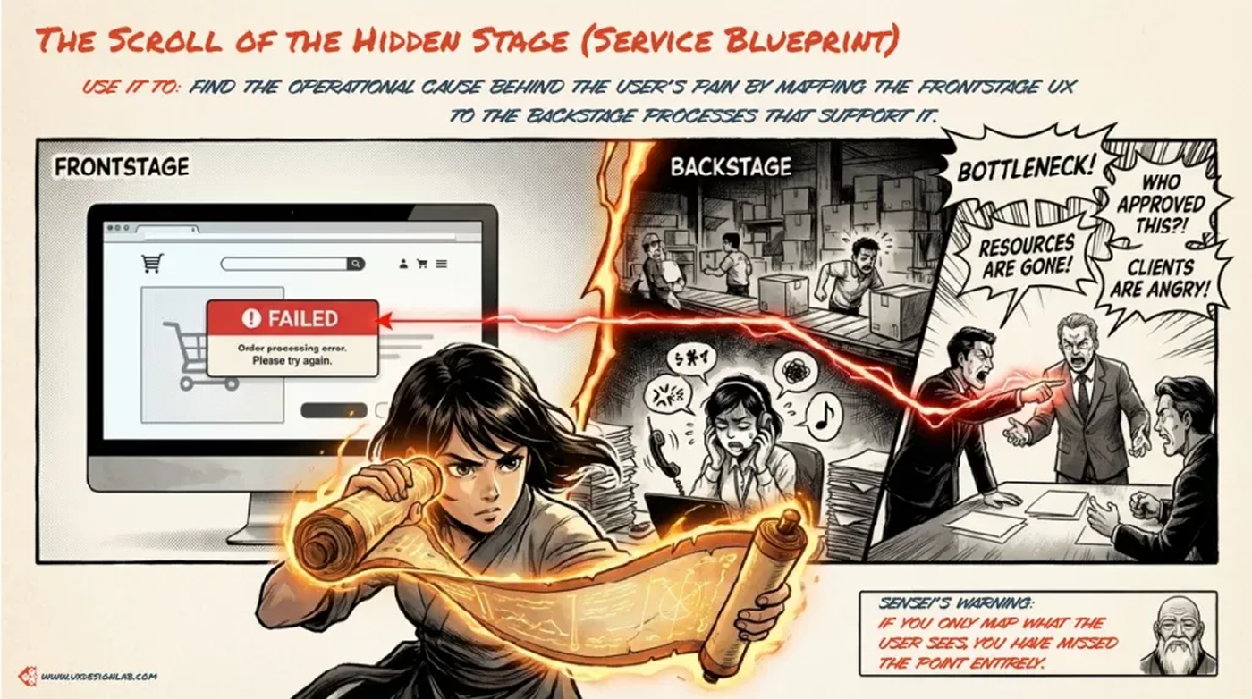 The Scroll of the Hidden Stage: a failed checkout on the front stage, and a backstage bottleneck of missing approvals and angry clients.