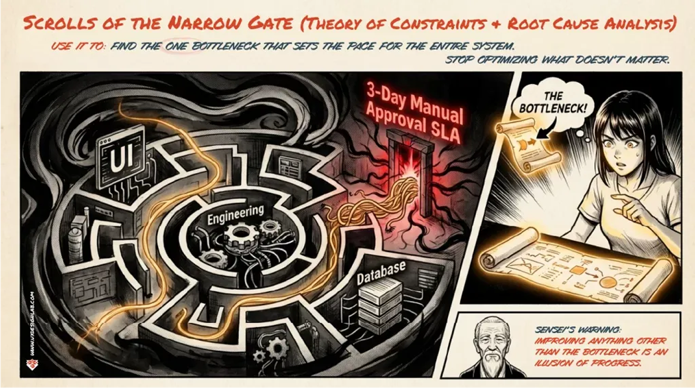 Scrolls of the Narrow Gate: a maze of UI, engineering, and database paths all waiting on a three-day manual approval.