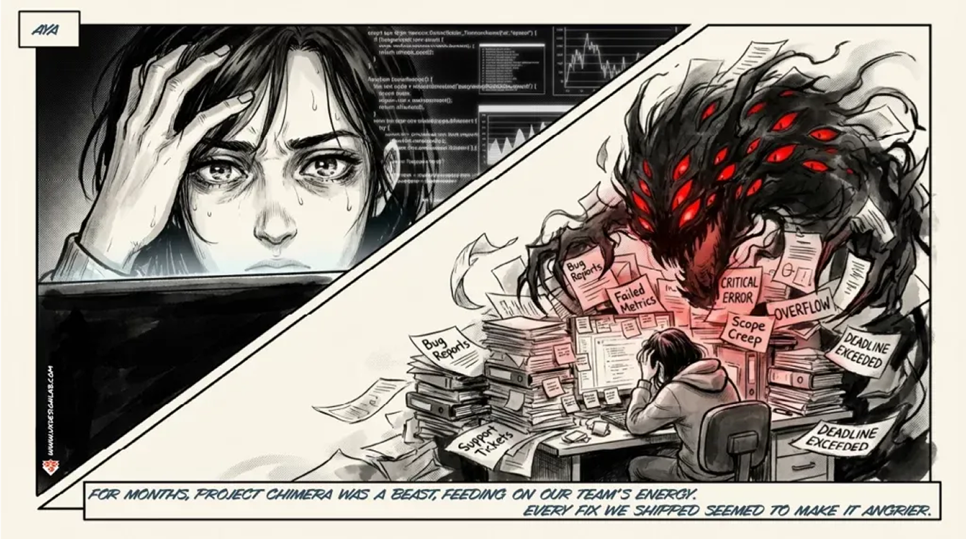 A designer at a desk is swallowed by a paper monster of bug reports, scope creep, and missed deadlines. Caption: for months, Project Chimera was a beast feeding on the team’s energy.