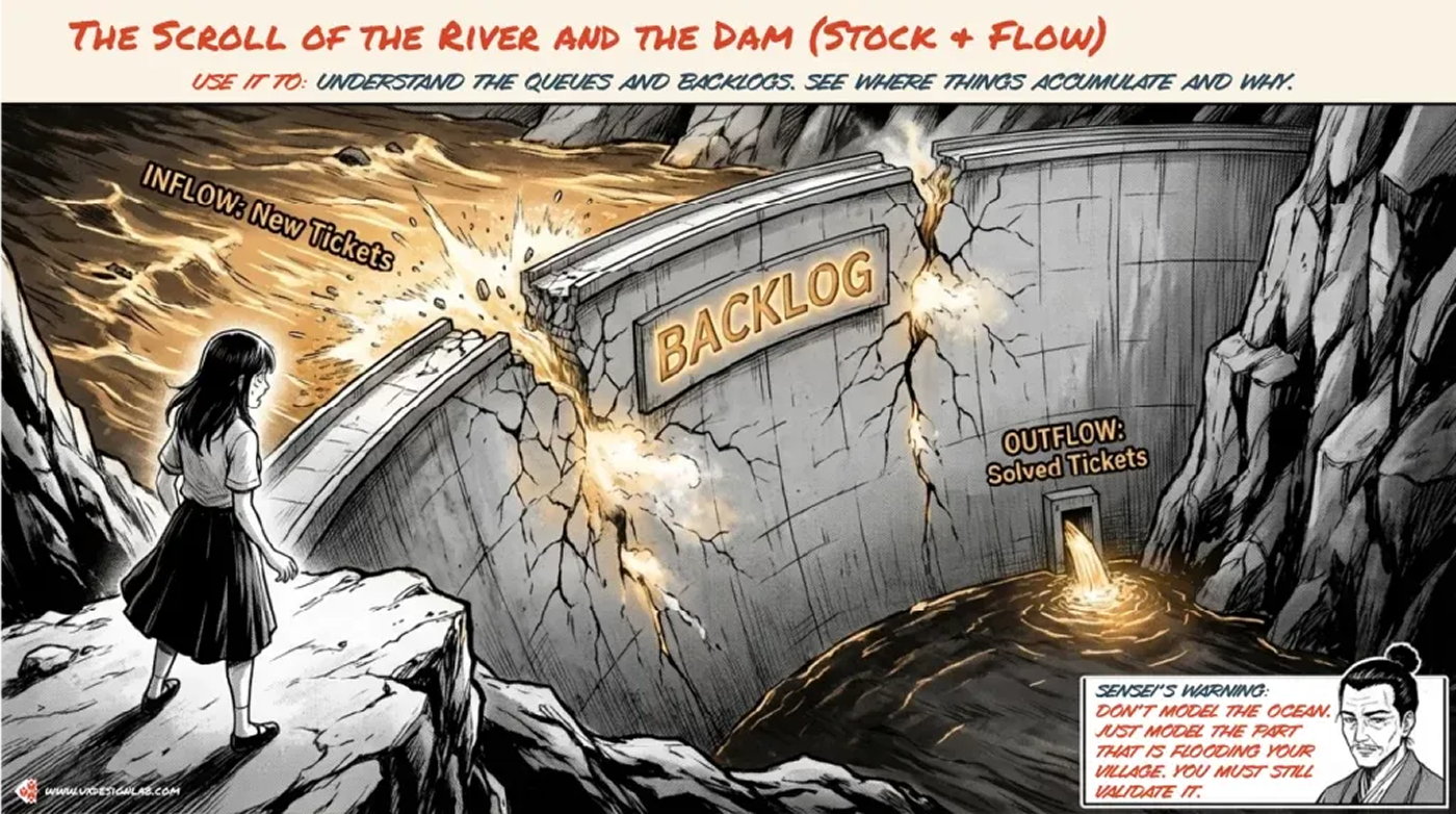 The Scroll of the River and the Dam: new tickets crash into a backlog dam while only a trickle of solved tickets flows out.