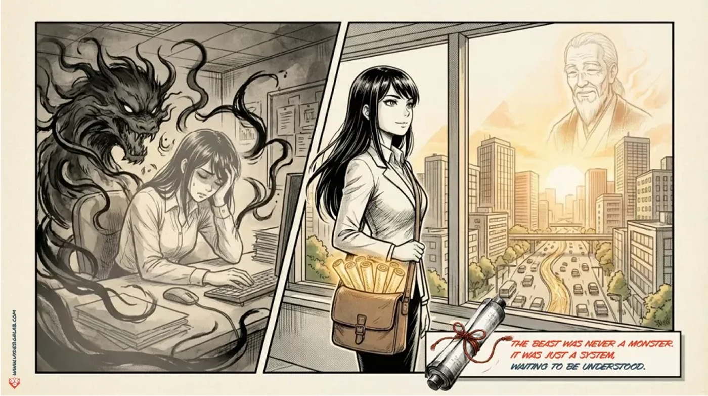 Split panel: the same designer trapped by the paper beast, then walking out at sunrise with the scrolls. Caption: the beast was never a monster. It was just a system, waiting to be understood.