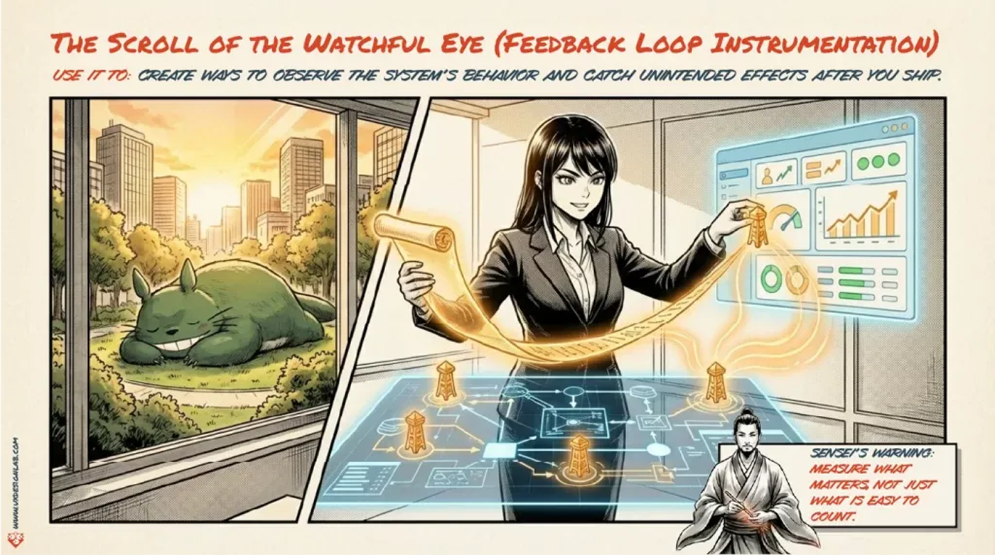 The Scroll of the Watchful Eye: after launch, the designer checks outcome, health, and side-effect signals on a monitoring board.