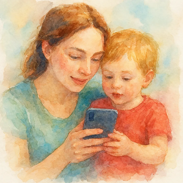 Watercolor of a woman and a young child looking at a smartphone together.