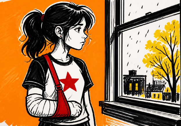Illustrated portrait of Ally, a young woman with her arm in a sling, looking out a rainy window at night.