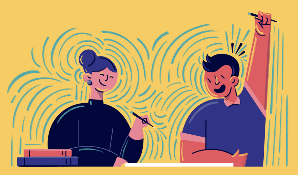 5 Ways to Design Better EdTech Products with UX. Illustration by Louise Nguyen. 2 people chatting and being glad.
