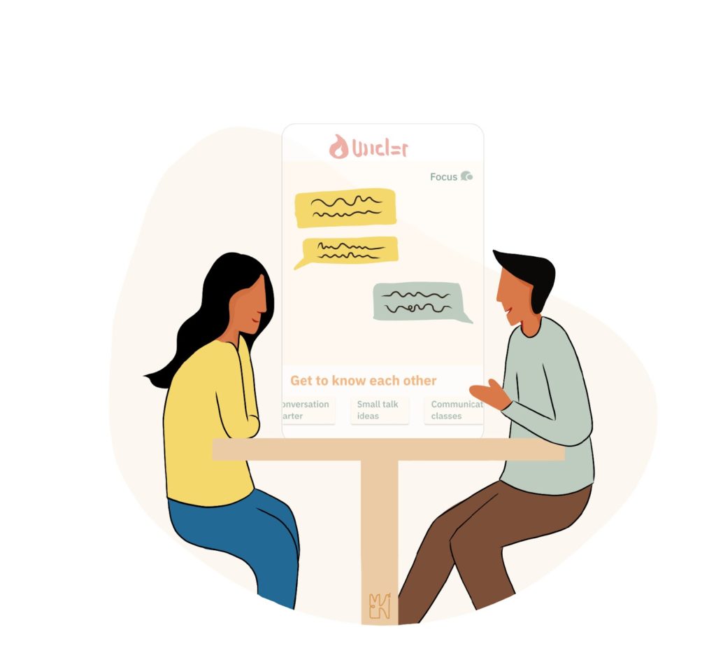 Illustration of two people exchanging with each other (instead of further swiping) and the app offering more service offerings to support such a conversation.