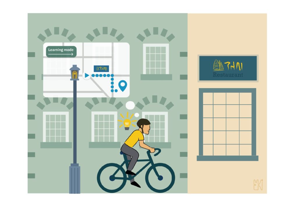  Illustration of a person cycling in the city without having not to use an application to navigate but indicating the person internalized the way.