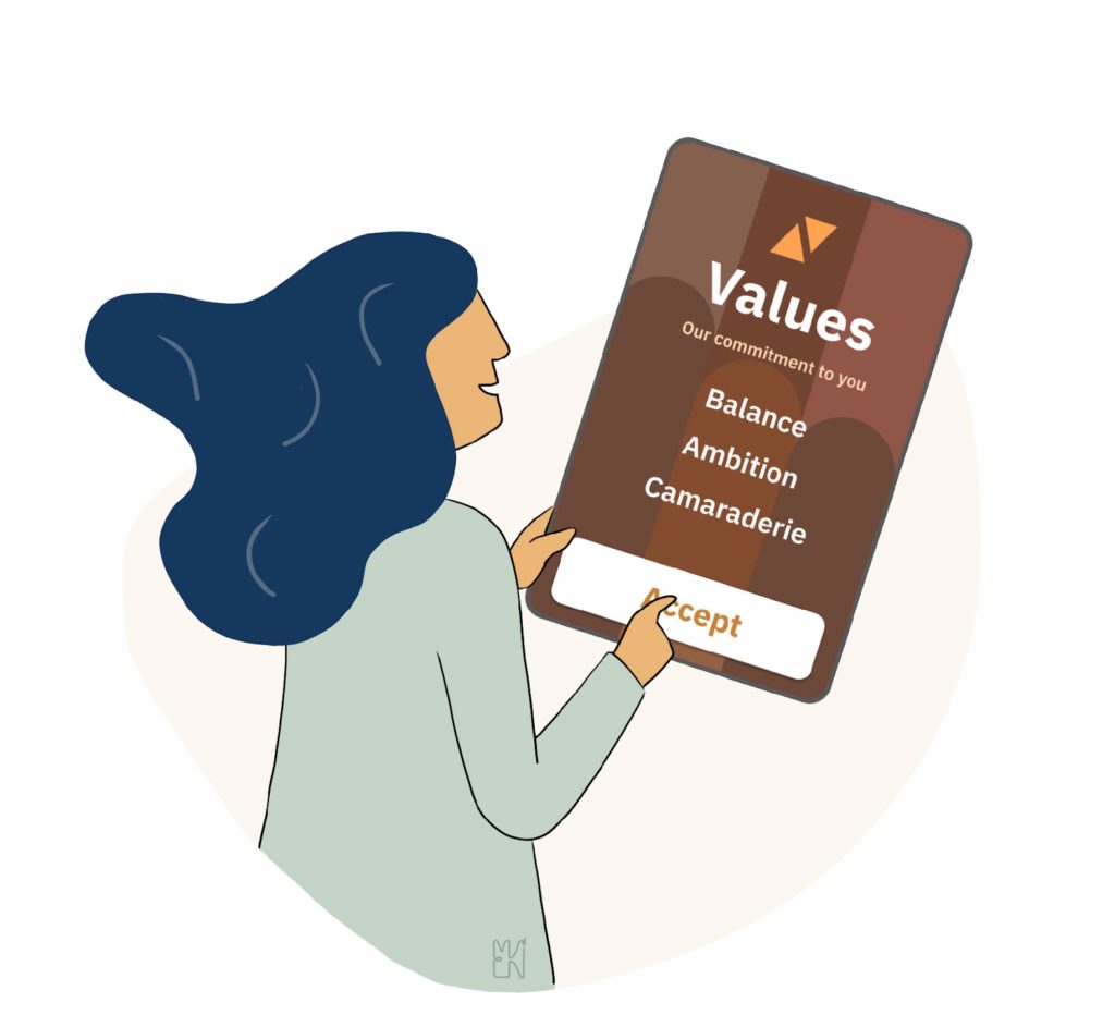 Illustration of a person that reads a start screen which states the application's value it’s committed to as well as an accept button for those.