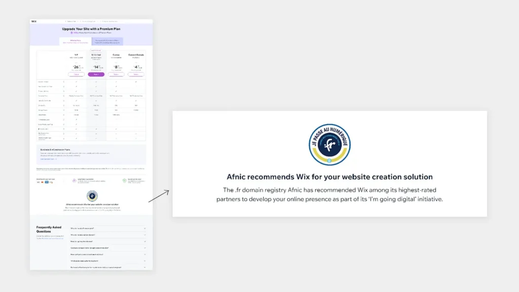 Banner promoting “Afnic” to French users strengthens trust in Wix.
