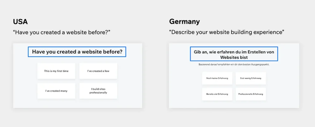 Comparison of the first stages of Wix website creation in English and German.
