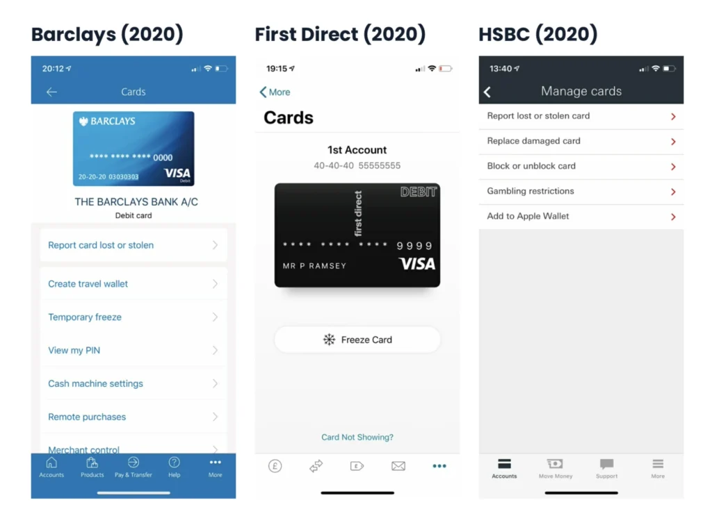 Mobile bank card management features in 2020: Barclays, First Direct, HSBC