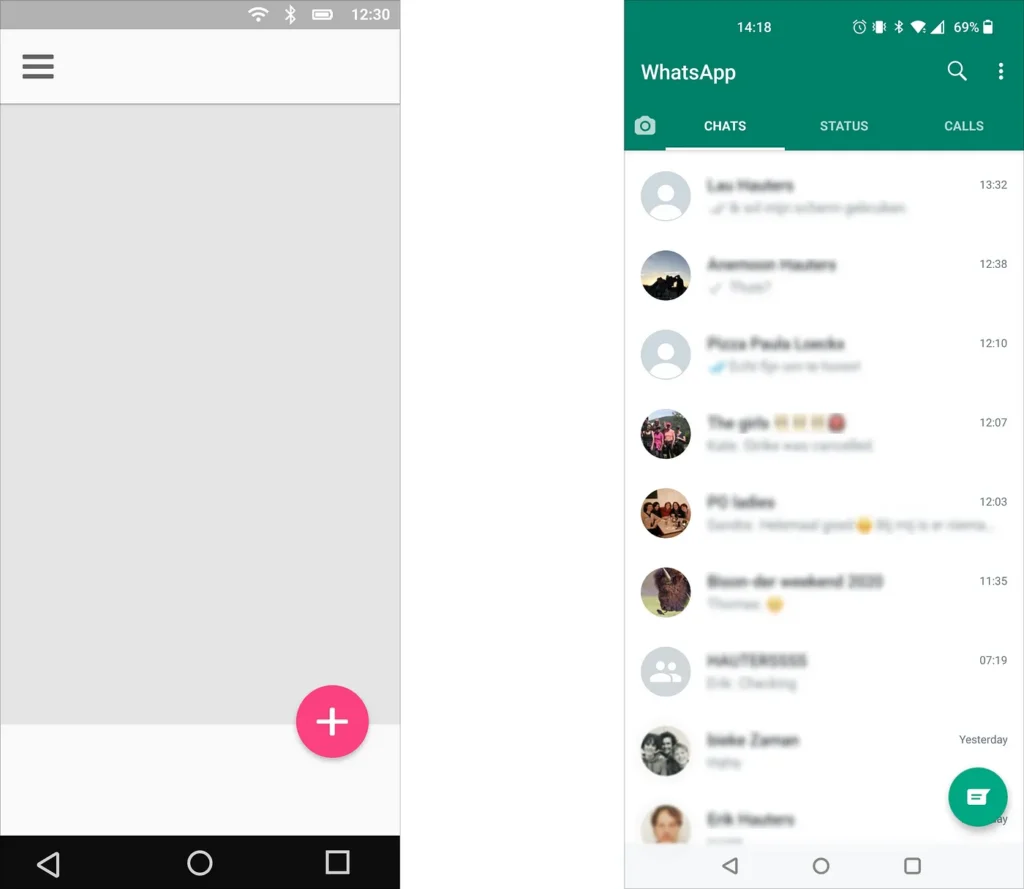 Illustration of Material Design’s ‘floating action button’, on the left⁵. Screenshot of WhatsApp on the right. 