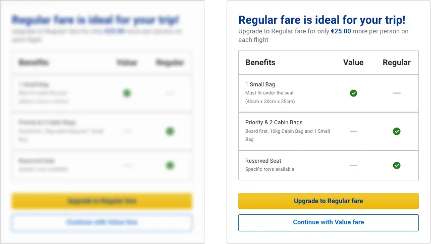Ryan Air is known for its mastery in exploiting the locus of attention. Before you know it, you upgraded to the regular fare.