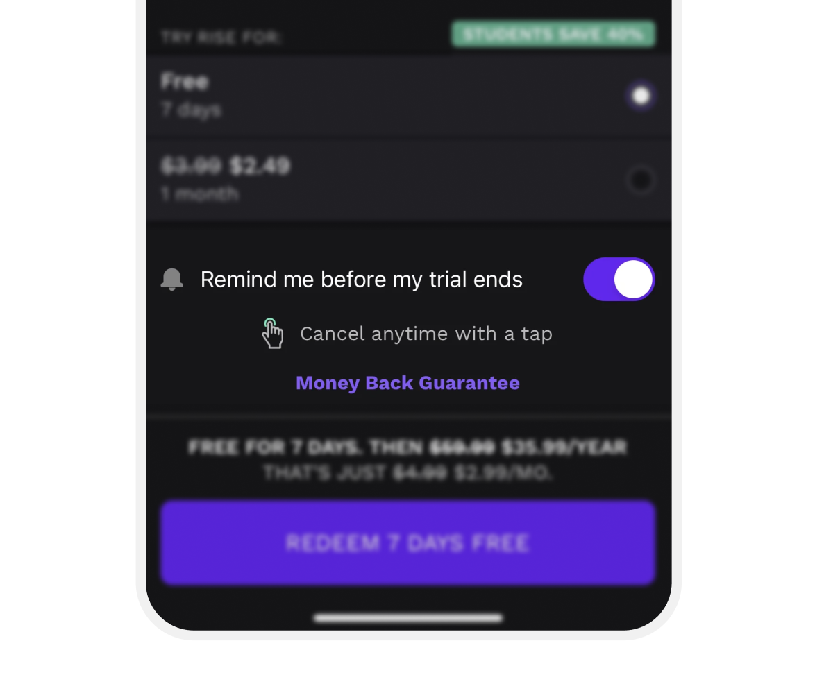 A picture highlighing the toggle on the rise app to ensure users are reminded before the free trial ends.