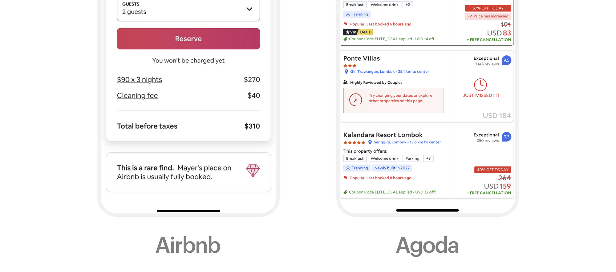 Airbnb vs agoda and showing how they approach scarcity in their app. These are screenshots from the apps.
