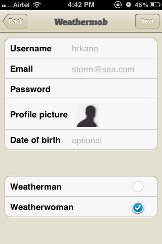 User Profile Creator Screen