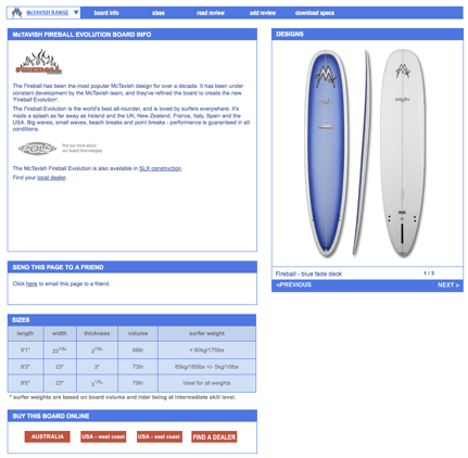 Web page for a surfboard with a heavy emphasis on general info