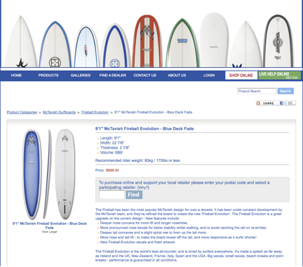 Web page for a surfboard that puts specifics before generalities
