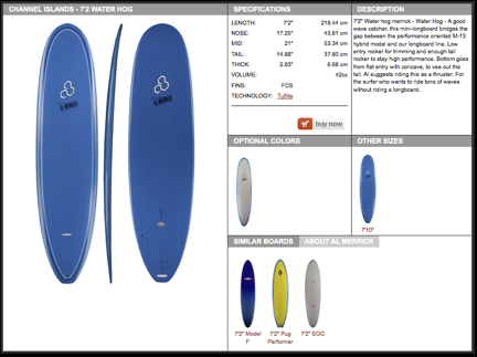Web page for a surfboard with a balance of visuals, specifics, and general info