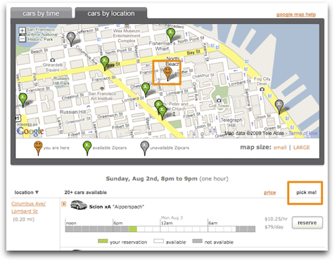 Zipcar car location screen