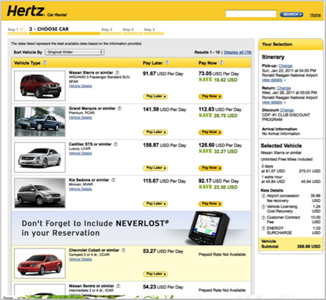 The Hertz car selection screen
