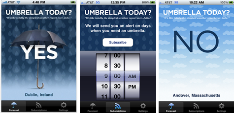 Three screens from the Umbrella iPhone app