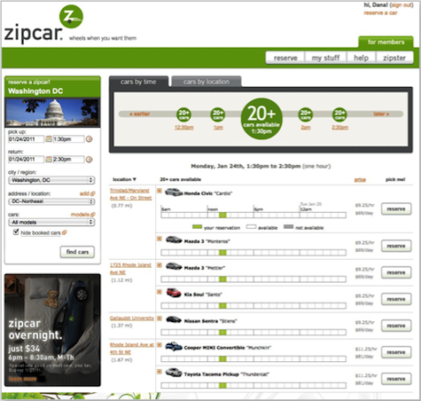 The Zipcar car selection screen