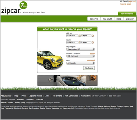 The Zipcar homepage