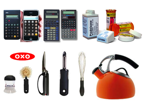Comparison of calculators, pill bottles, and OXO products