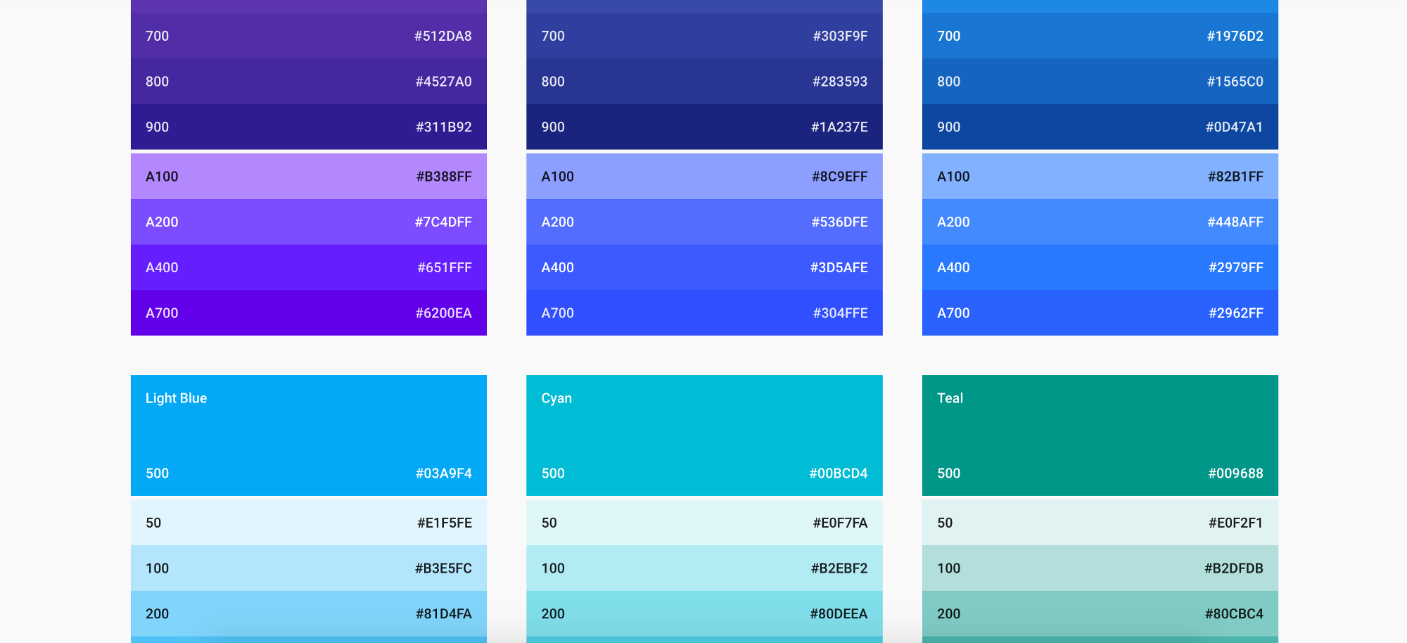 sample colors for Google's MAterial Design