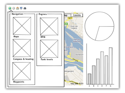A wireframe of our solution to dashboard navigation.