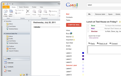 Gmail and Outlook mail interfaces