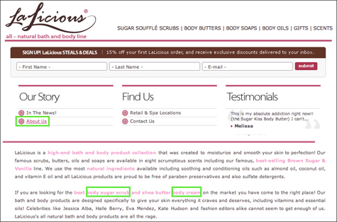 LaLicious website with inconsistent use of a pink color