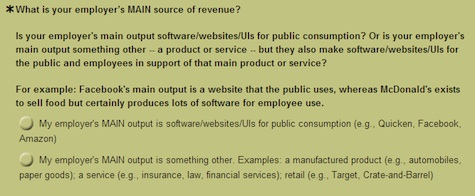 What is your employer's MAIN source of revenue? (a) software/websites/UIs for public consumption, (b) something else such as manufactured products