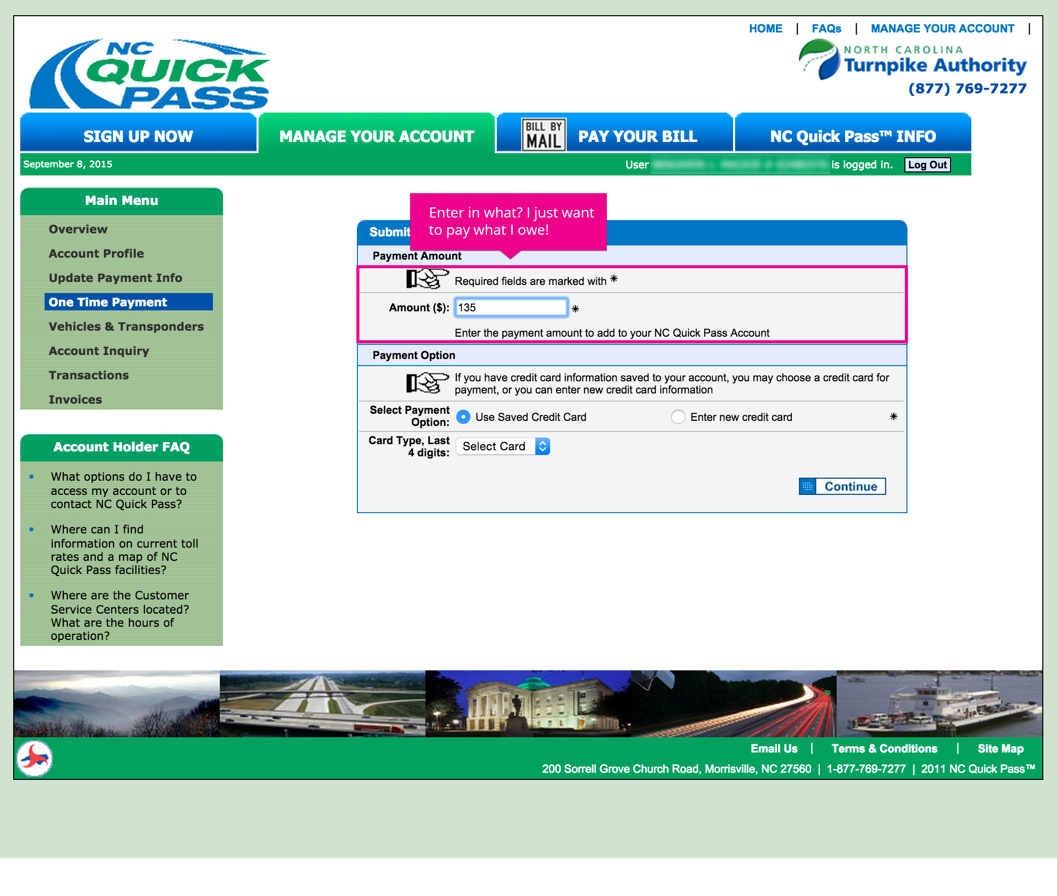 North Carolina Quick Pass website screengrab