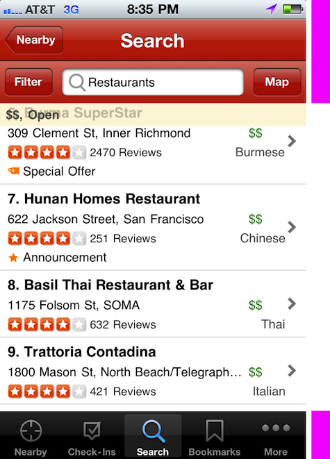 Yelp's inefficient use of screen real estate in their iPhone app