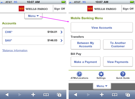 Wells Fargo mobile website using single drop-down menu