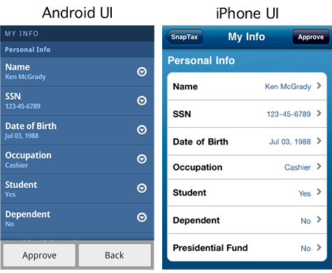 Side-by-side comparison of the iPhone and Android versions of the SnapTax UI