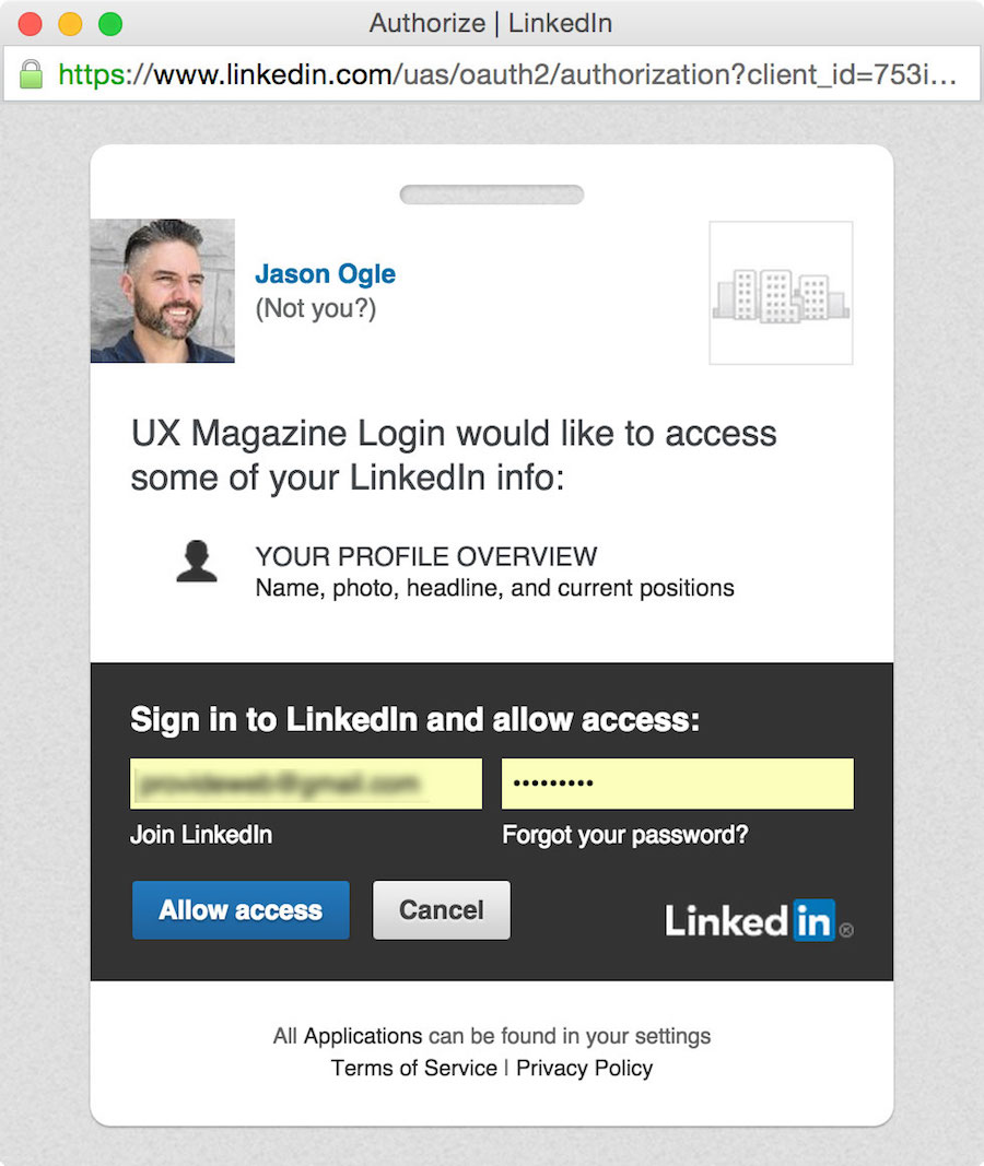 LinkedIn social login on UX Magazine